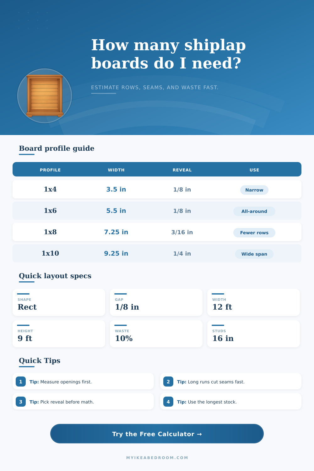 Shiplap Calculator for Boards, Rows, and Waste